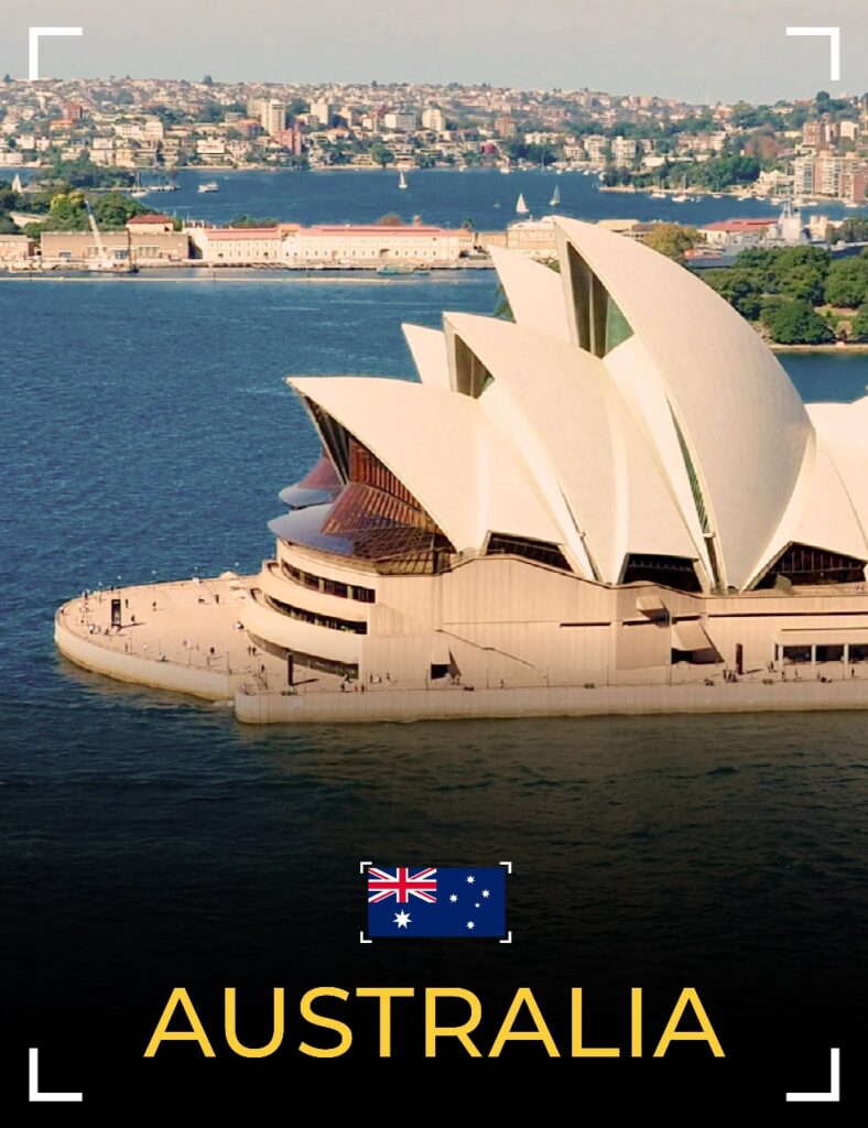 BG-Sydney Opera House, Flag, and Text: Australia. Luminedge Bangladesh - Best Study Abroad Consultants in Bangladesh.