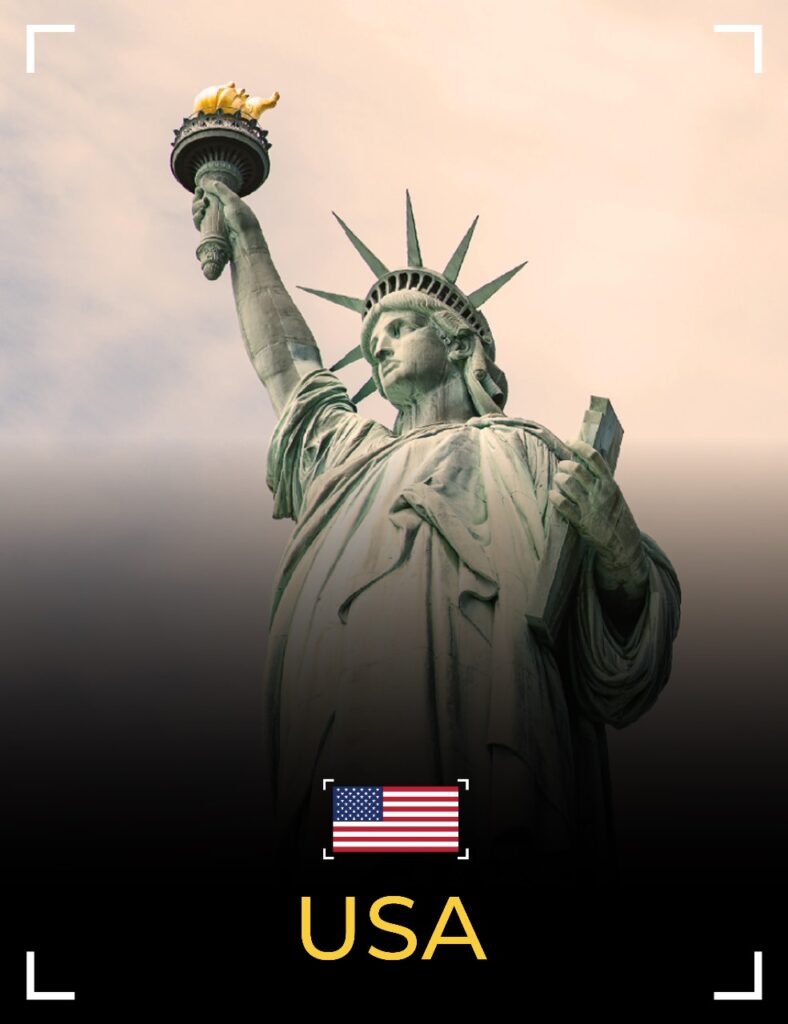 BG-Statue of Liberty , Flag, and Text: USA. Luminedge Bangladesh - Best Overseas Education consultants in Bangladesh.