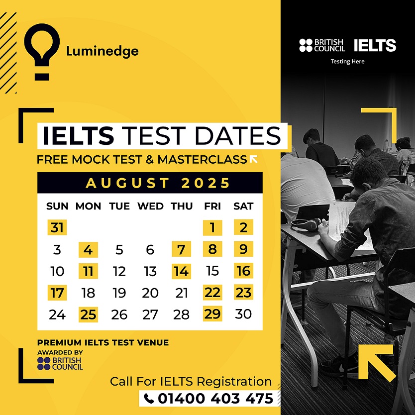 IELTS Test Dates Calendar August 2025 at Luminedge